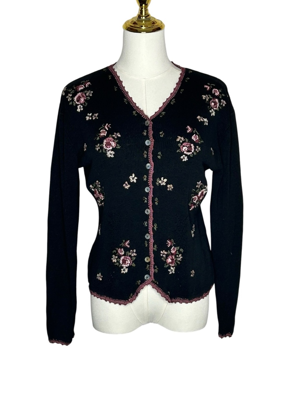 Emily Rose Vintage 90s Cardigan Floral Embroidery Grannycore Sz L Coquette EUC
